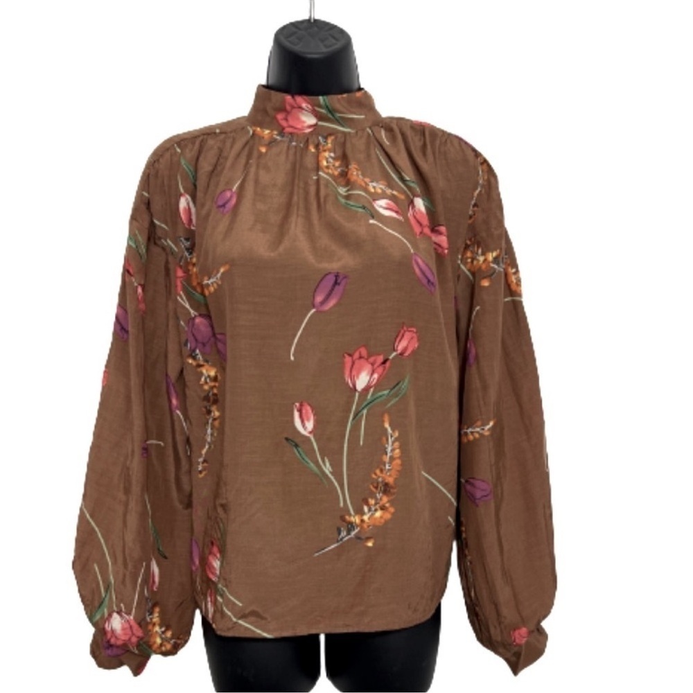 H&M Floral Blouse Brown Red Purple floral Accents smock neck ballon sleeves 12